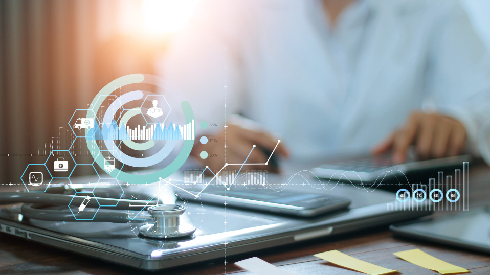 Insurance professional using laptop in office